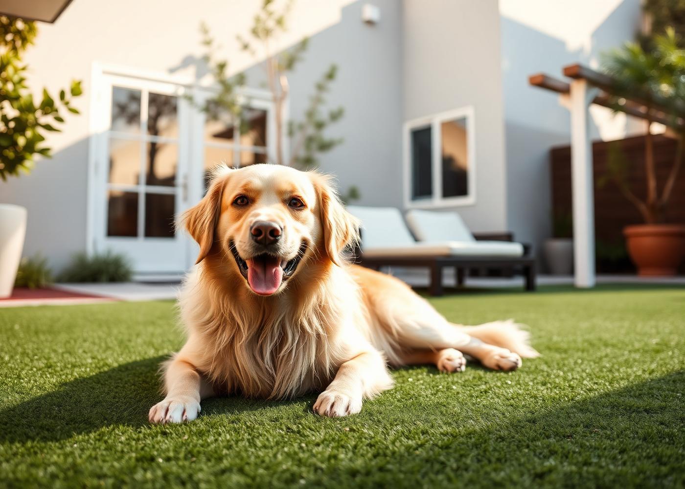 A golden retriever resting on artificial turf in a sunny backyard