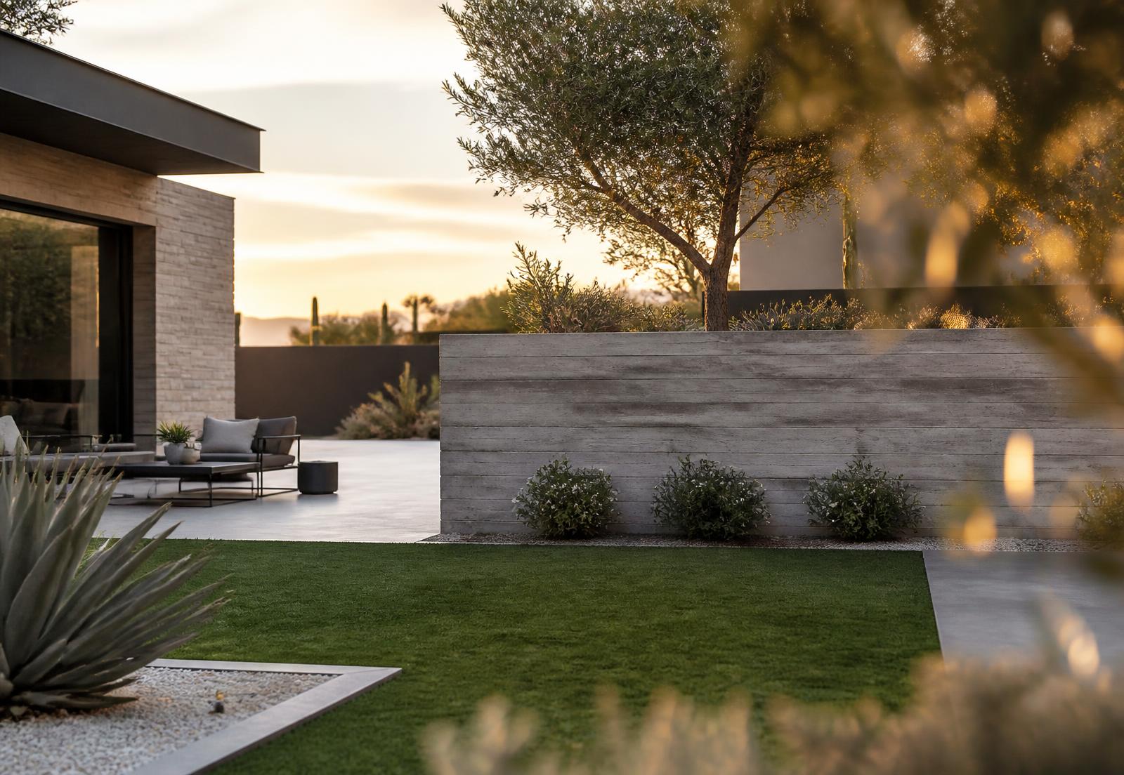 Modern Arizona backyard with a clean artificial turf lawn at sunset