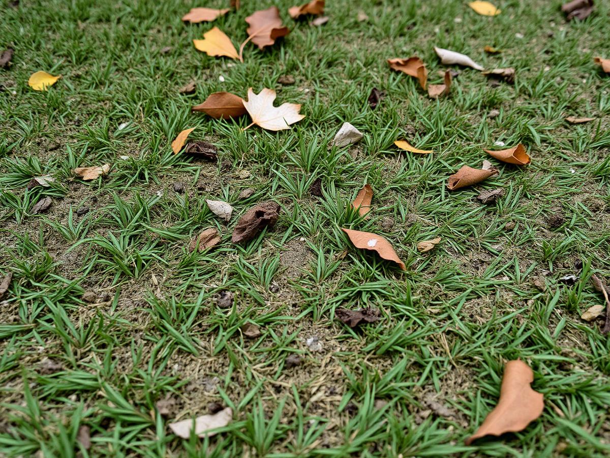 Artificial turf covered in dry leaves, dust and flattened fibers